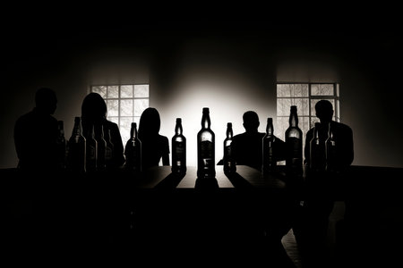 Silhouette of a group of people in a dark room with bottlesの素材