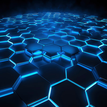 Blue glowing hexagons on dark background. 3d render illustration.の素材
