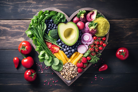 Healthy food in the form of heart on a wooden background.の素材