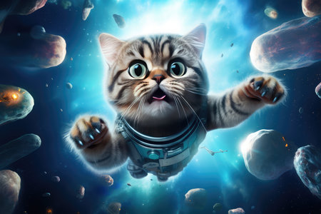Astronaut cat in spacesuit floating in space. Mixed mediaの素材