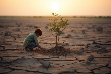 A child is planting a tree in the dry cracked earth. The concept of climate change.の素材