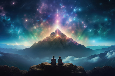 Couple sitting on top of a mountain and looking at the skyの素材