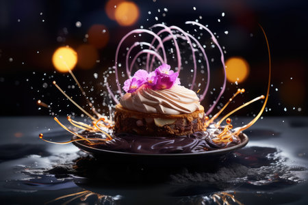 Chocolate cake with cream and purple orchid flower on black backgroundの素材