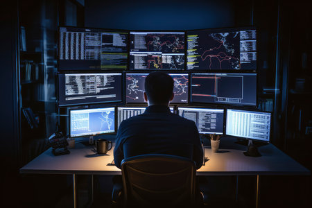 Back view of a young man sitting in front of multiple monitors at nightの素材
