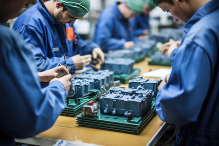 Team of engineers working in a factory. They are checking the details of the robot.の素材
