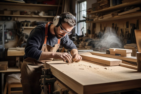 Carpenter working on his craft in his carpentry workshop.の素材