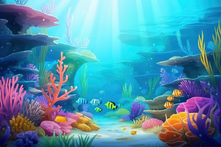Underwater background with coral reef and fish. Illustration for childrenの素材