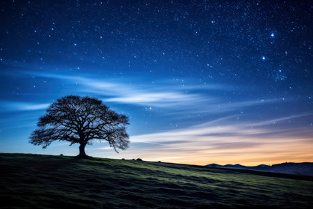 Lonely tree in the field at night with starry skyの素材