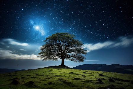 Lonely tree on the hillside at night with starry skyの素材