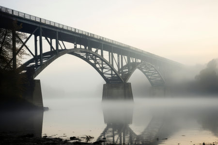 A foggy morning over a river with a railway bridge in the foregroundの素材