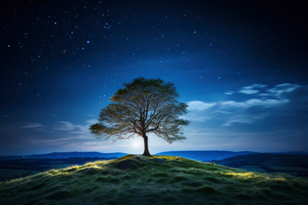 Lonely tree on the hill at night with starry skyの素材