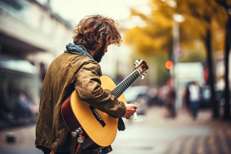 Handsome young man playing guitar on the street. Urban lifestyle.の素材