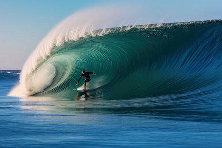 Surfer on Blue Ocean Wave at Sunset, California, USA.の素材