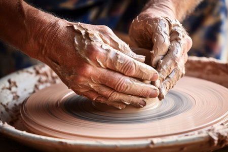 hands of a potter, creating an earthen jar on the circleの素材