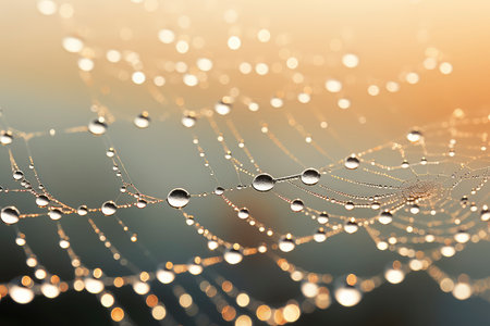 Water drops on spider web in morning light. Abstract nature background.の素材