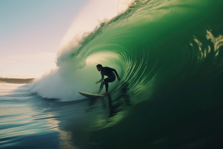 Surfer in ocean wave. Surfer in ocean wave at sunset.の素材