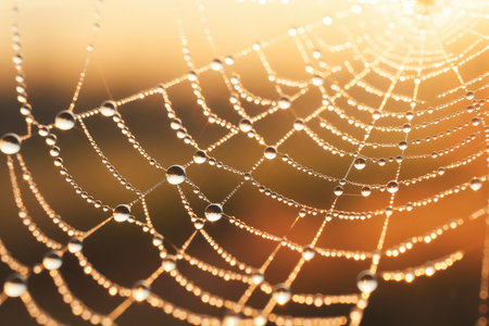 spider web with dew drops close-up on sunset backgroundの素材