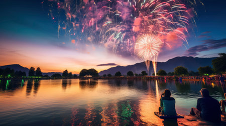 Colorful fireworks on the lake with reflection in the water, Hua Hin, Thailandの素材