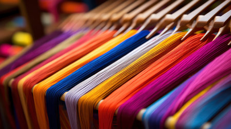 Colorful loom threads in a textile shop. Shallow depth of field.の素材