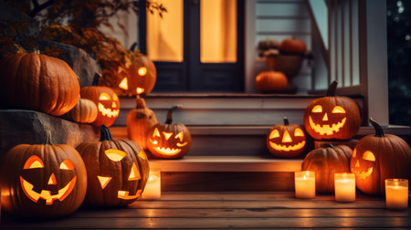 Halloween pumpkins on the porch of the house. Halloween background.の素材