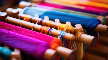 Colorful threads for embroidery on a loom closeupの素材