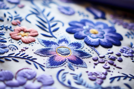 Detail of a traditional folk flower embroidery on fabric.の素材