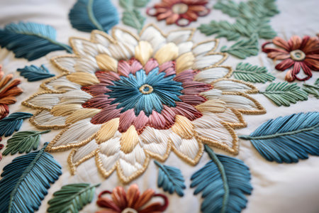Close up of colorful embroidery on white fabric, Thailand.の素材