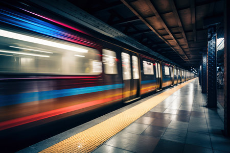 Train on the platform of the railway station. Blurred motion.の素材