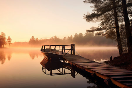 Wooden pier on the lake at sunrise in the misty morningの素材