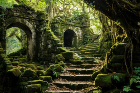 Old stone stairs in a green forest in the rainforest of New Zealandの素材