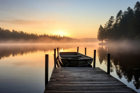 Sunrise on the lake with wooden pier and boat in the foregroundの素材
