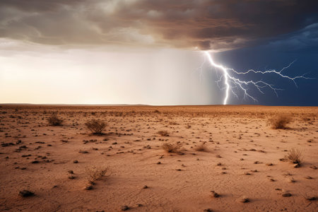 Storm in the desert. Stormy sky and lightning. 3d renderingの素材