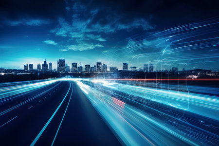 highway with motion blur and cityscape at night,blue tonedの素材