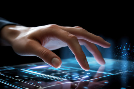 Close up of human hand touching icon on media screen. Mixed mediaの素材