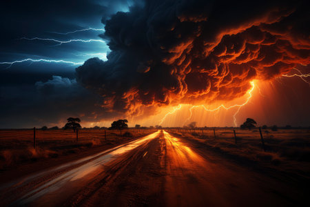 Dramatic stormy sky over a rural road in Australia.の素材