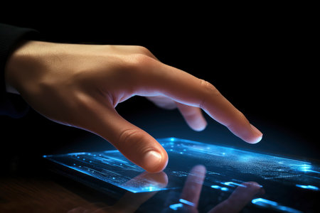 Close up of human hand touching tablet pc with blue light on screenの素材