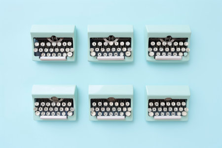 Vintage typewriter on blue background. Top view, flat layの素材