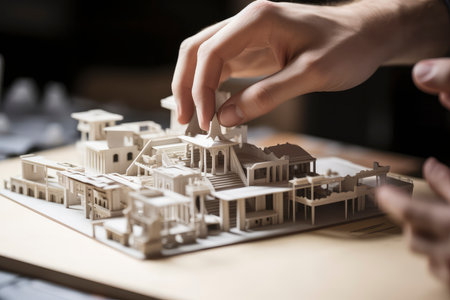 Close-up of architect building model of house at table in officeの素材