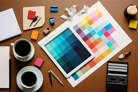 Top view of designer's desk with digital tablet and color swatchesの素材