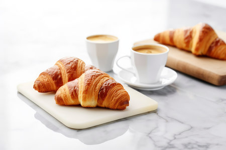 Freshly baked croissants and cup of coffeele tableの素材