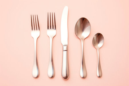 Fork, knife and spoon on pink background. Flat lay.の素材