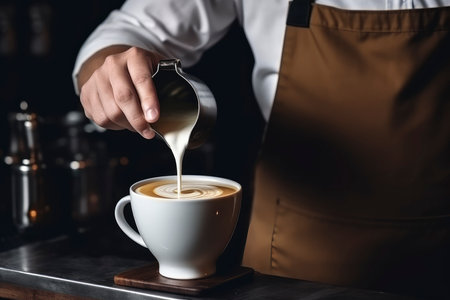 Barista pouring milk into a cup of latte art coffee.の素材