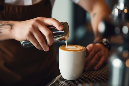 Barista making cappuccino in coffee shop, closeupの素材