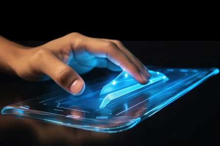 Close up of human hand touching tablet pc with blue light on screenの素材