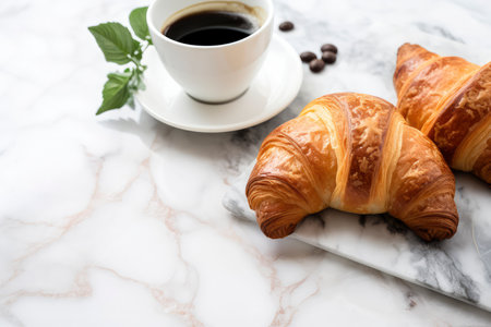 Breakfast with coffee and croissantsle table, copy spaceの素材