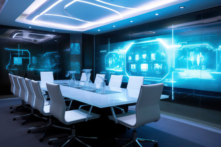 3D rendering of a modern conference room with equipment and blue lightsの素材