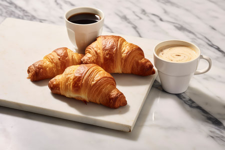 Breakfast with coffee and croissants on a marble board.の素材