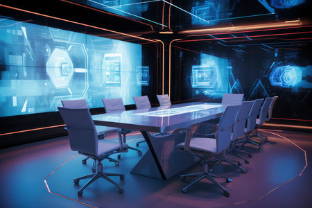 3d rendering of modern meeting room with neon lights and computer interfaceの素材