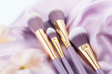 Makeup brushes on lilac silk background, close-up.の素材
