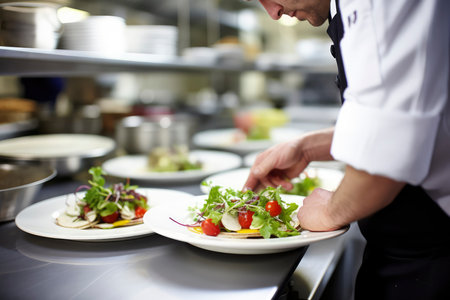 Chef preparing food in the kitchen of a restaurant, chef decorating dishの素材